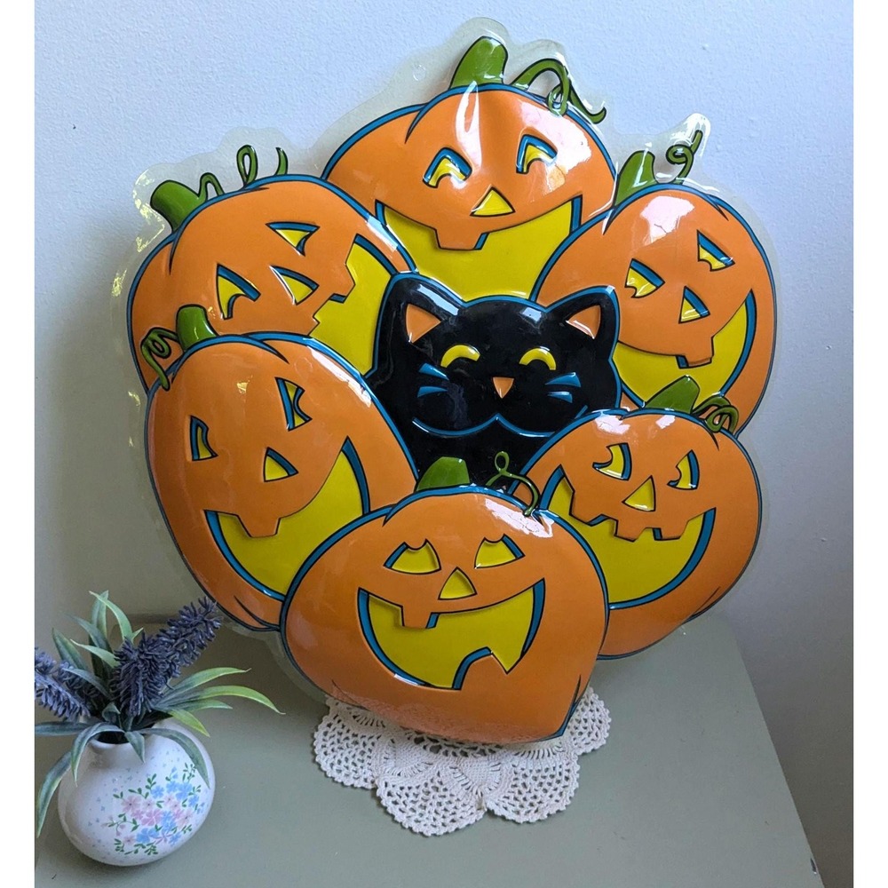 Vintage Halloween Window Decor Black Cat Pumpkins Plastic Suncatcher 16 Inch